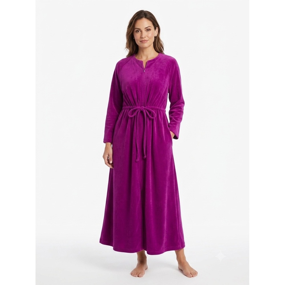 Vintage Vanity Fair Magenta Purple Velour Zip Front Drawstring Robe Medium
